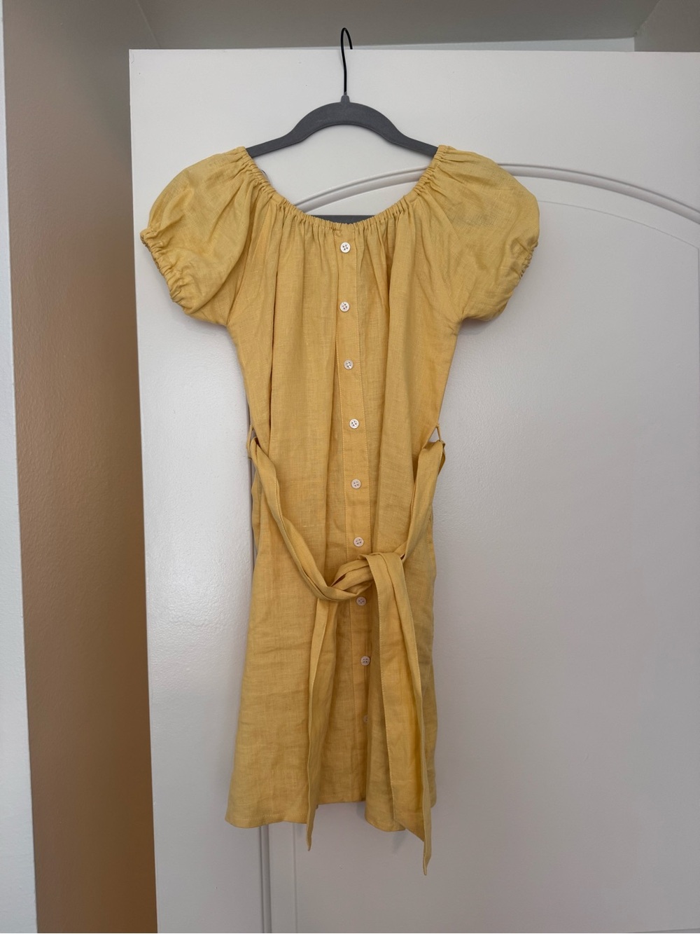 Faithful the Brand Linen Yellow Button-Front Puff Sleeve Dress with Tie Waist
